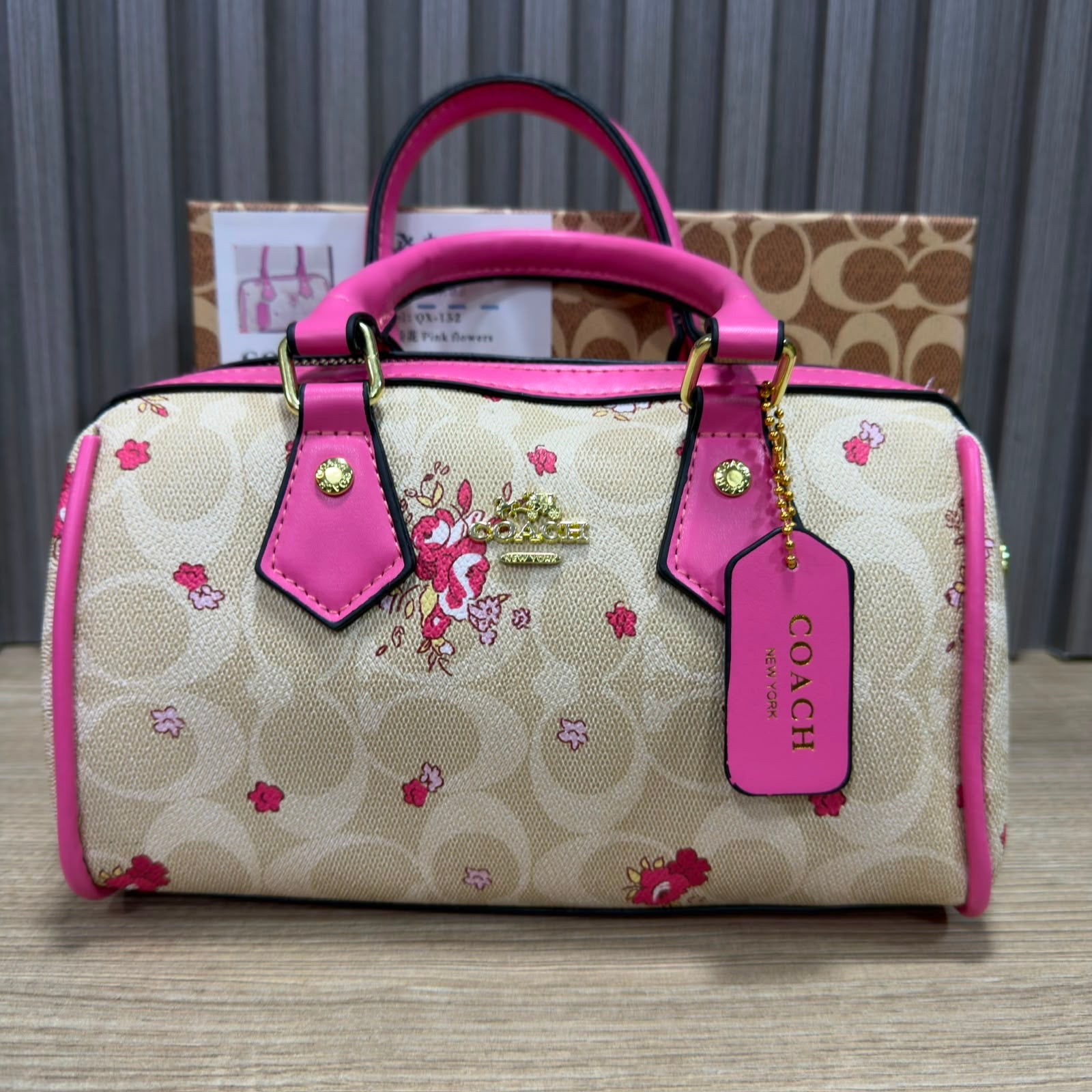 Coach Mini Rowan Satchel, featuring signature canvas with a pink floral print and pink leather accents. (AAA+ quality)+ free AP swatch