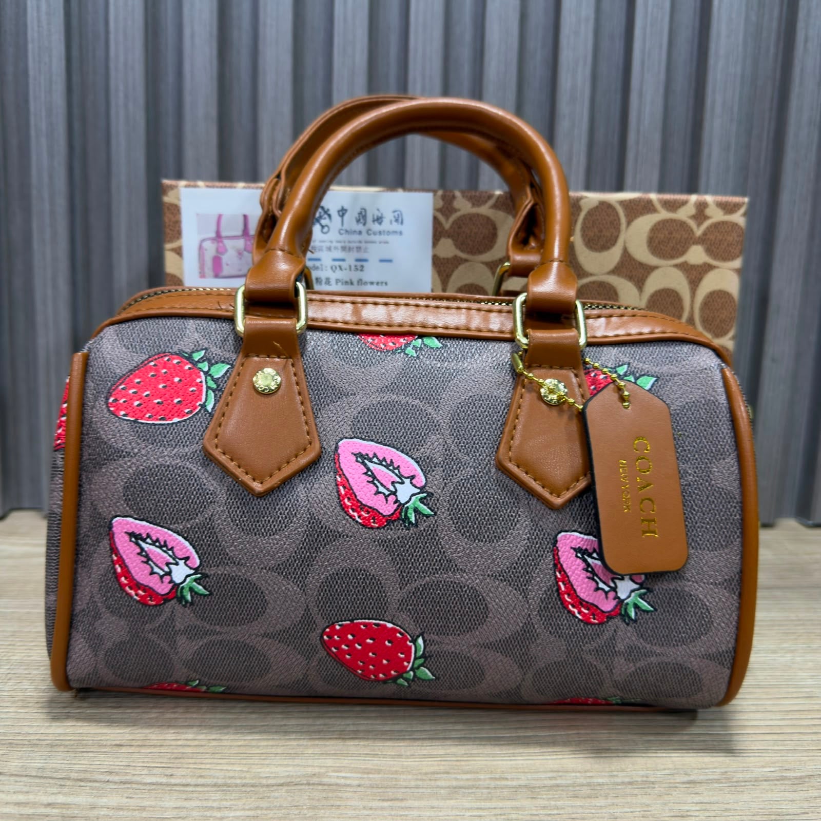 COACH NWT Women’s Rowan Satchel In Signature Canvas With Wild Strawberry Print (AAA+ quality)+ free AP swatch