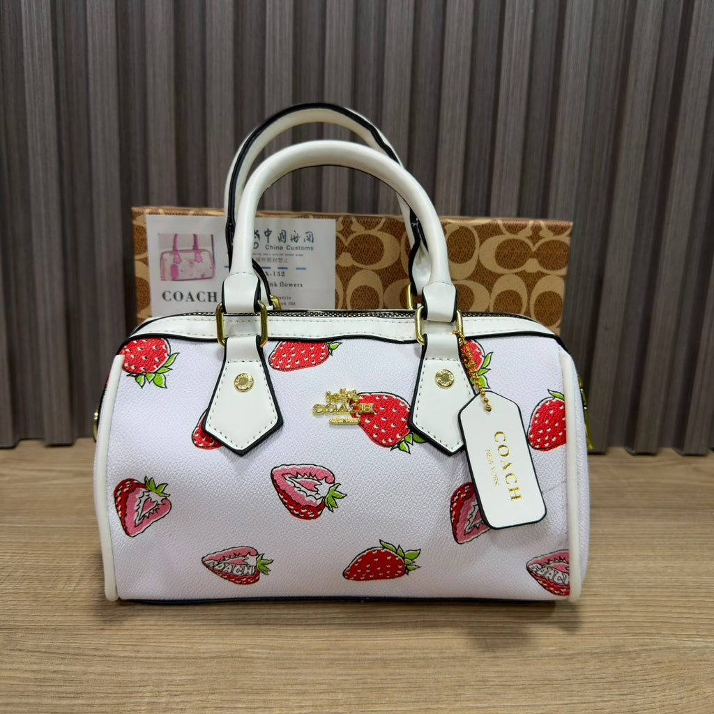 COACH NWT Women’s Rowan Satchel In Signature Canvas With Wild Strawberry Print white (AAA+ quality)+ free AP swatch