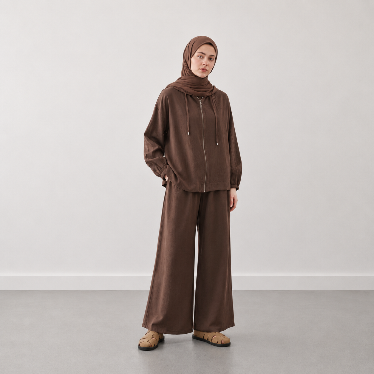 Wide leg zipper suit brown