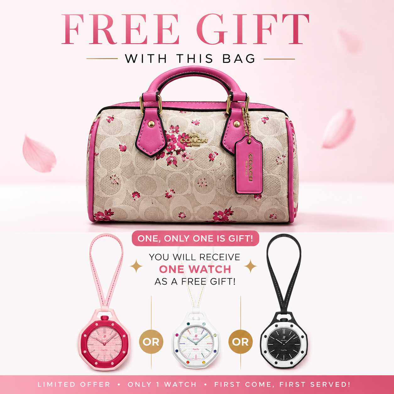 Coach Mini Rowan Satchel, featuring signature canvas with a pink floral print and pink leather accents. (AAA+ quality)+ free AP swatch