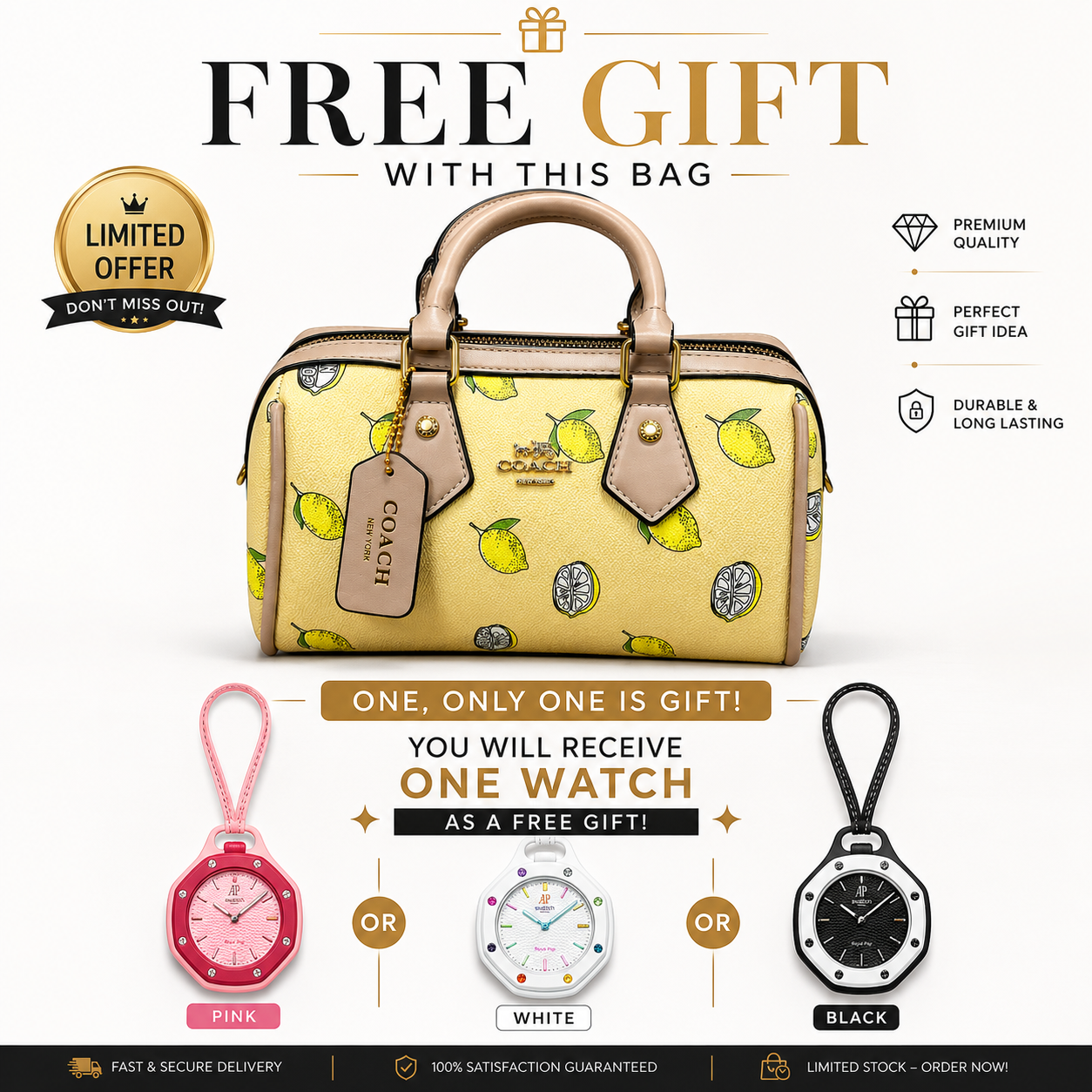 COACH Mini Rowan Crossbody Bag in yellow coated canvas with a lemon print and beige leather trim (AAA+ quality)+ free  AP swatch