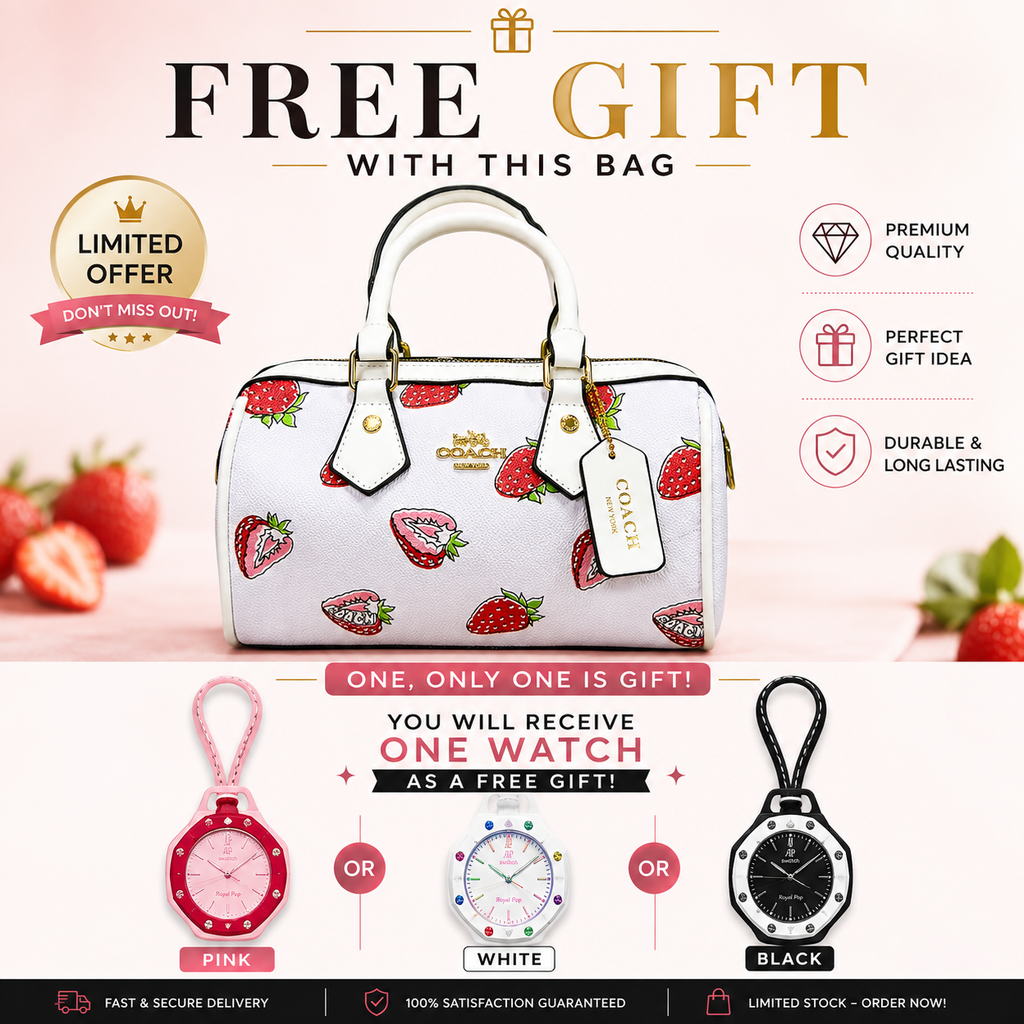 COACH NWT Women’s Rowan Satchel In Signature Canvas With Wild Strawberry Print white (AAA+ quality)+ free AP swatch