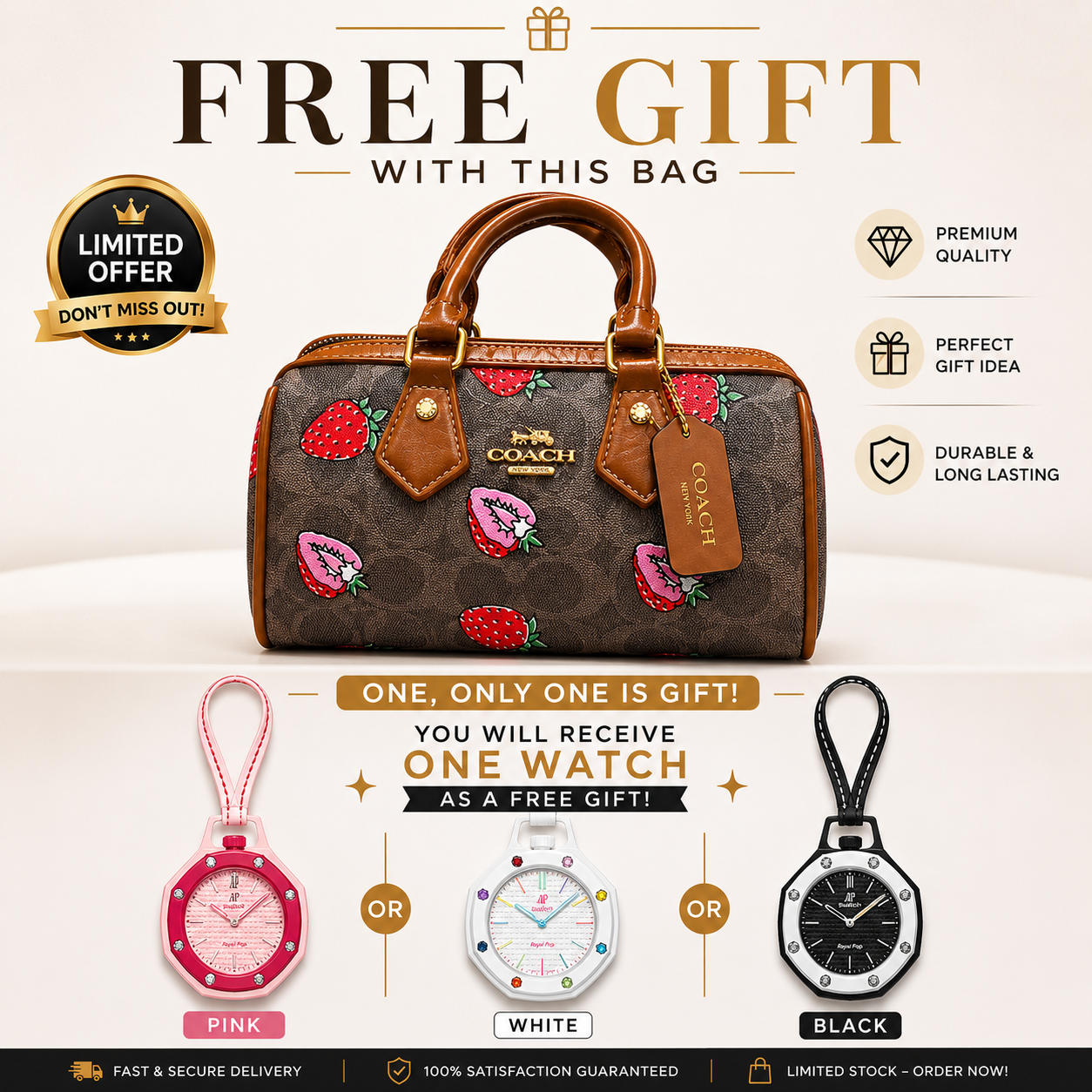 COACH NWT Women’s Rowan Satchel In Signature Canvas With Wild Strawberry Print (AAA+ quality)+ free AP swatch