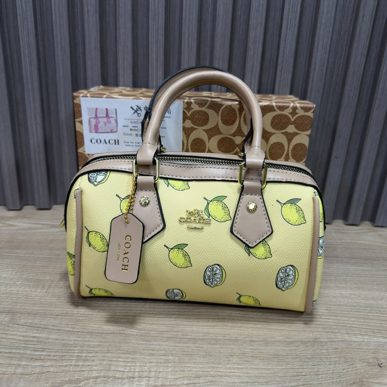 COACH Mini Rowan Crossbody Bag in yellow coated canvas with a lemon print and beige leather trim (AAA+ quality)+ free  AP swatch